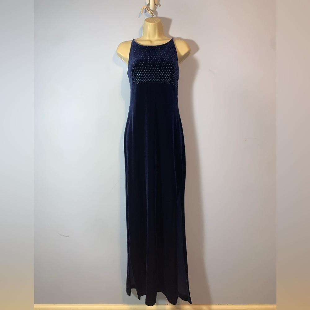 Blondie Nites by Jaslene dark Navy glitter dots velvet Maxi formal Dress 9/10 US